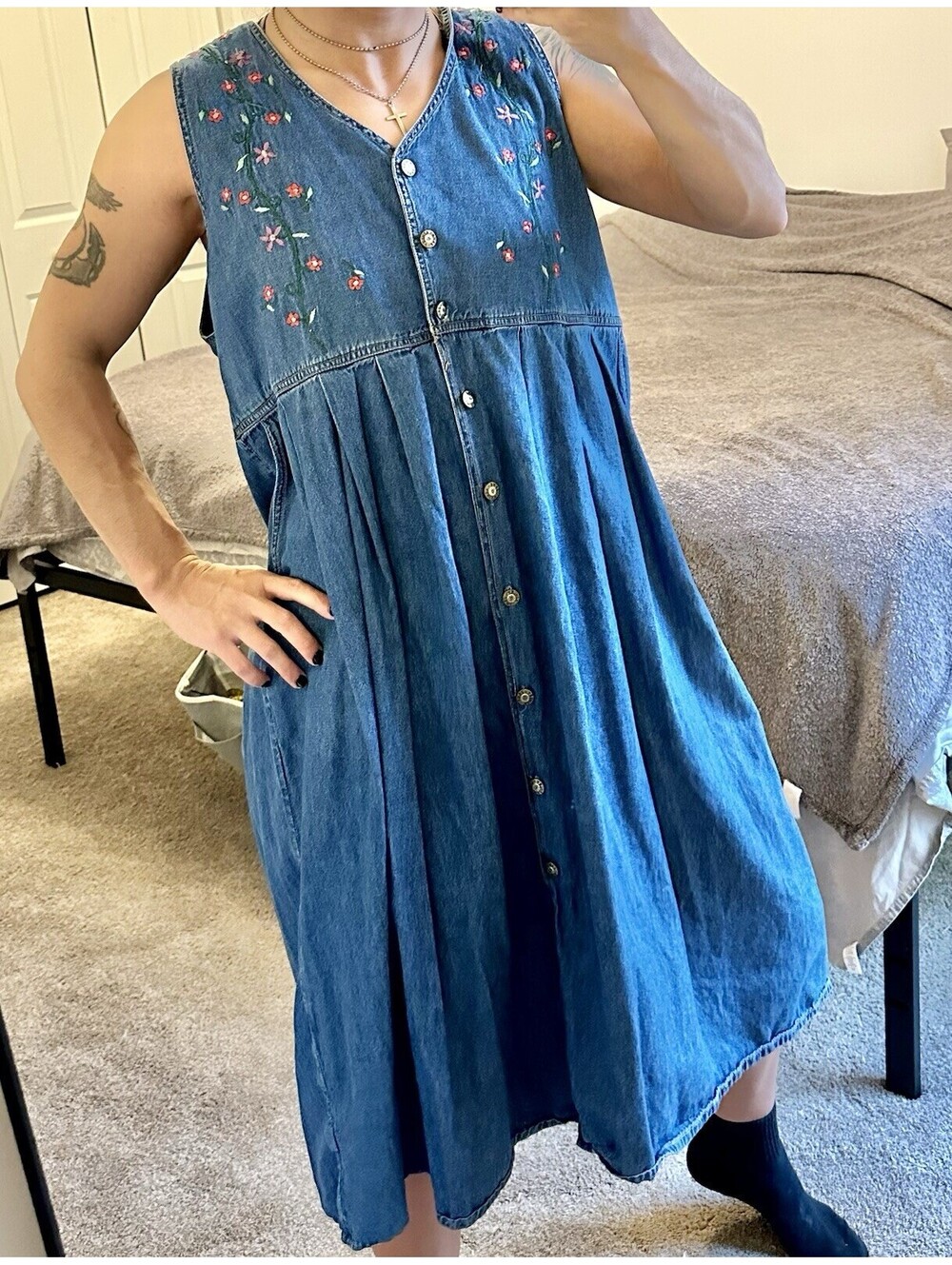 VTG Jane Ashley Women’s Medium Denim Embroidered Boho Cottagecore Maxi Dress